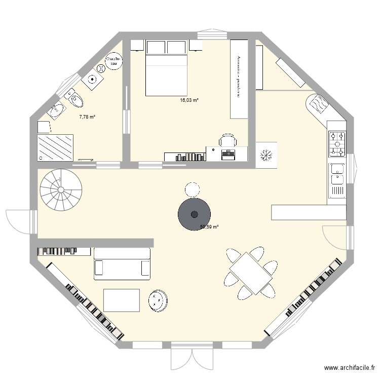 plan rdc maison octogonale 2. Plan de 3 pièces et 83 m2