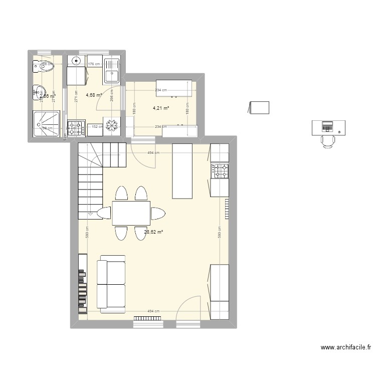 dependance haut escalier cheminée. Plan de 7 pièces et 67 m2