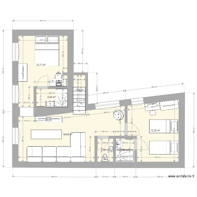 T3 1er étage studio. Plan de 7 pièces et 51 m2