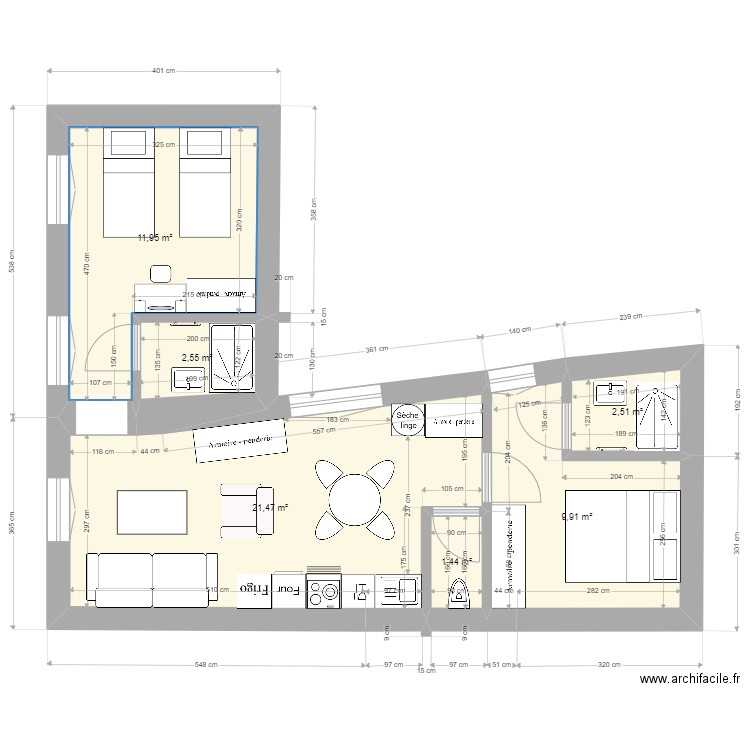 T3 1er étage studio. Plan de 3 pièces et 51 m2