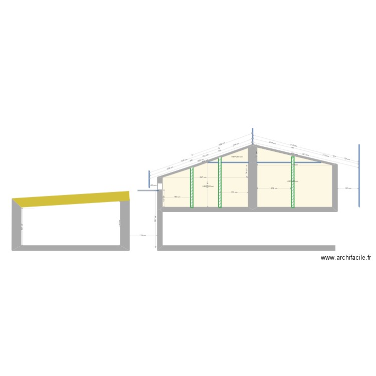 coupe sanitaire décallés. Plan de 3 pièces et 27 m2