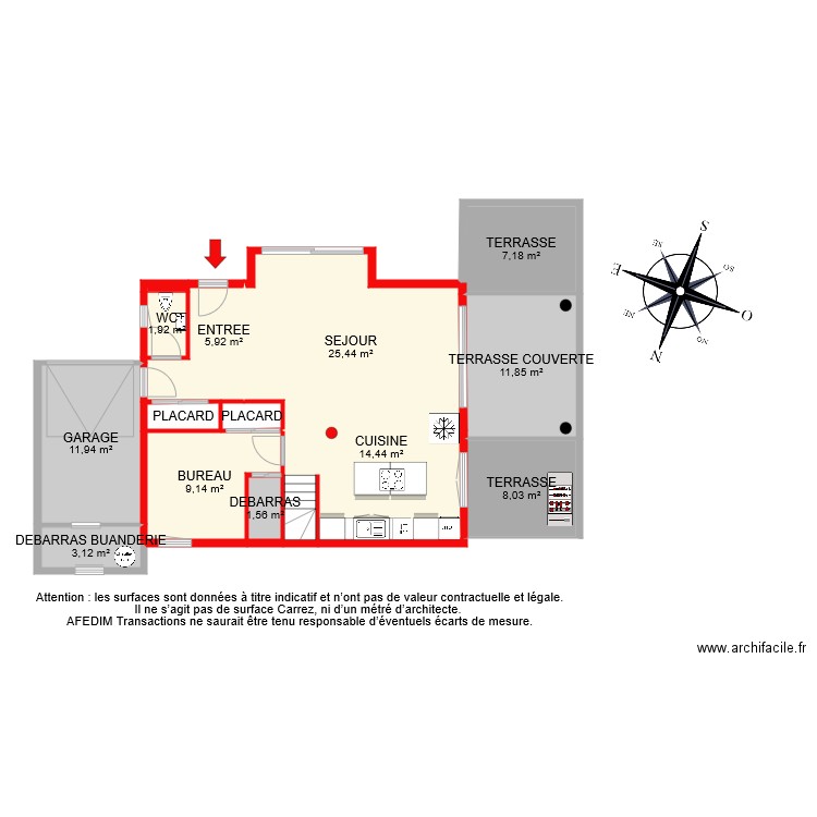 BI 6512 RDC. Plan de 14 pièces et 103 m2