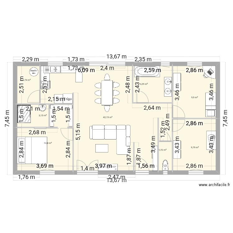 Plomberie. Plan de 8 pièces et 90 m2