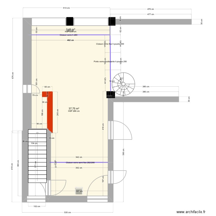 AGH CUBE EN VERRE + CLOISON INTER. Plan de 2 pièces et 40 m2