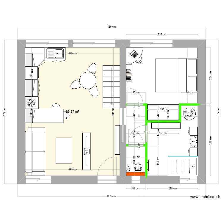 extension dalle 2 aménagée. Plan de 1 pièce et 27 m2
