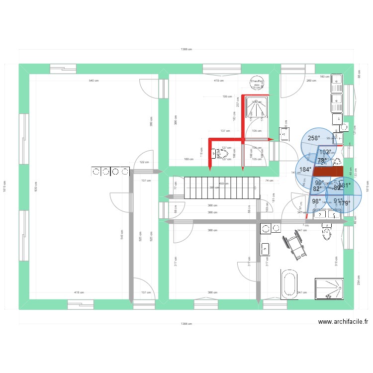 Caro RdC sanitaire en cassant. Plan de 10 pièces et 111 m2