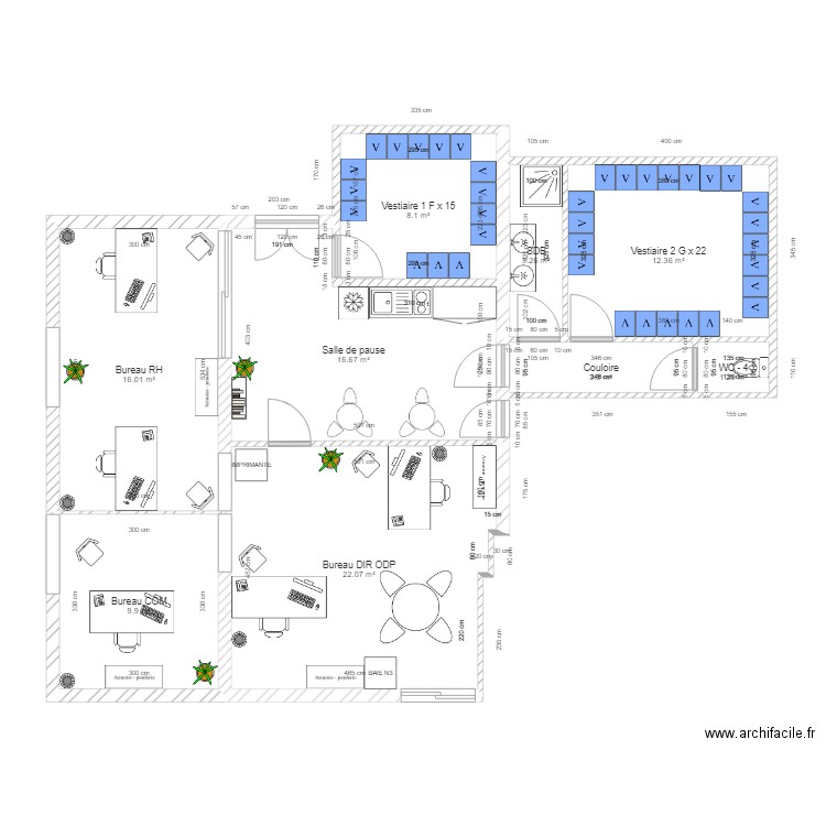 Bureau lab 1 et Vestiaires HF v4.3. Plan de 9 pièces et 93 m2