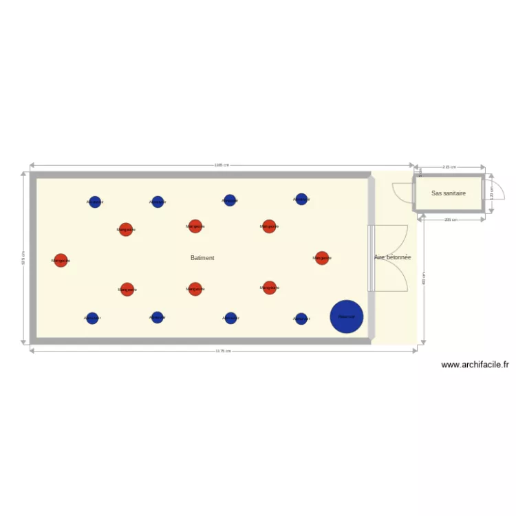Batiment &eacute;levage poulets. Plan de 