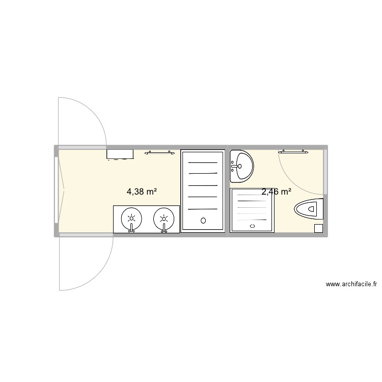 Salle de bain 2 wc. Plan de 2 pièces et 7 m2