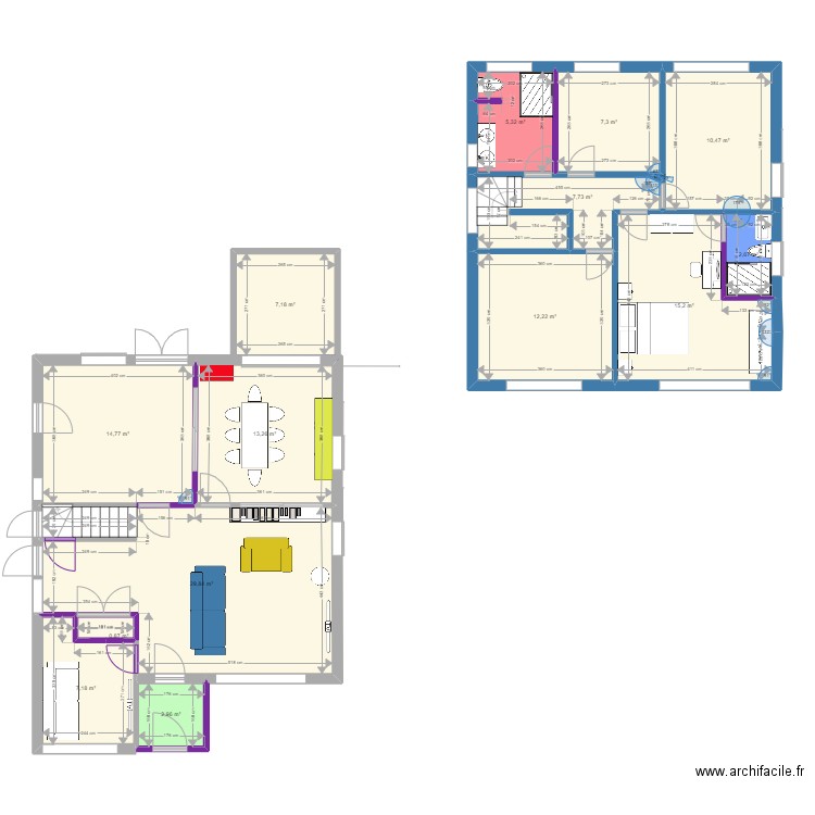 14 Cocktail - 2 pieces en bas + hauts v2. Plan de 15 pièces et 137 m2