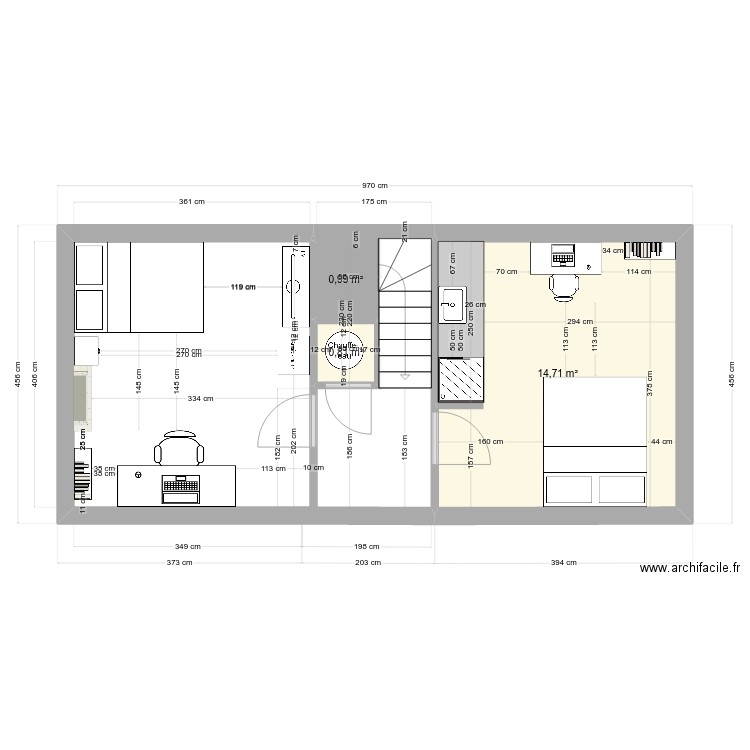 Premier étage. Plan de 3 pièces et 17 m2