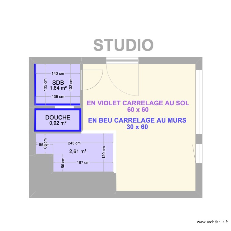 STUDIO Les carrelages. Plan de 5 pièces et 19 m2