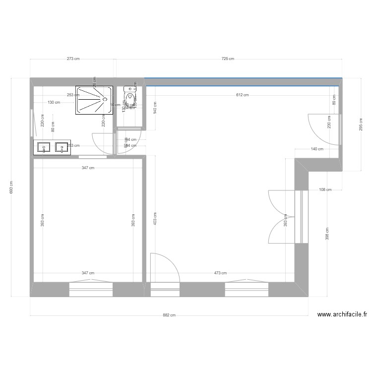 Cabanon. Plan de 3 pièces et 53 m2