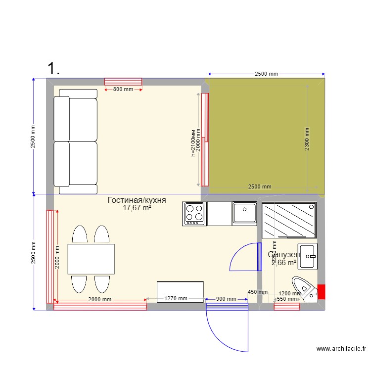 30 6 1 Shablon. Plan de 3 pièces et 26 m2