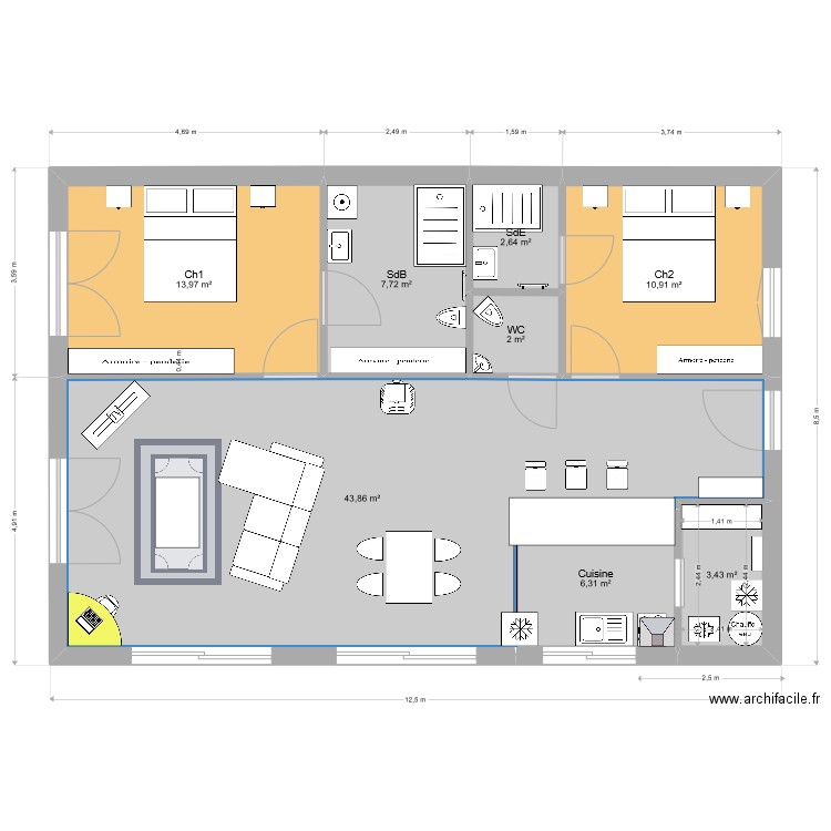 base meublée. Plan de 8 pièces et 91 m2