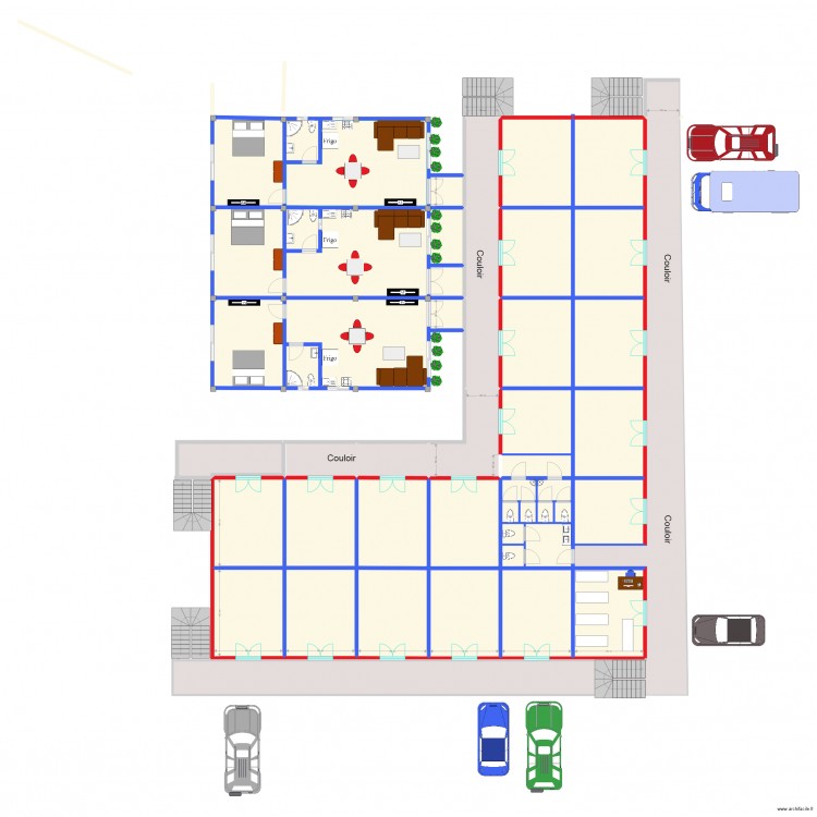 studios. Plan de 51 pièces et 720 m2