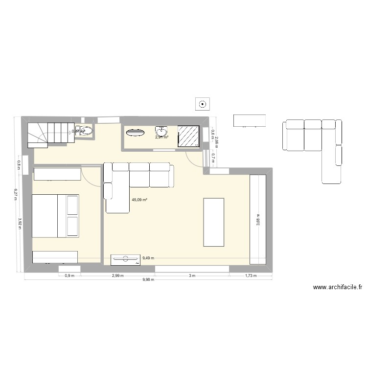 plan pointe  MAISON RDC. Plan de 3 pièces et 52 m2
