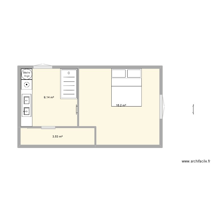 sdb chambre. Plan de 3 pièces et 29 m2