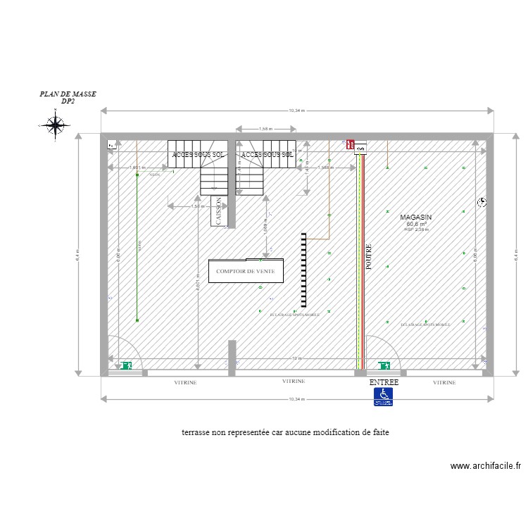 REZ DE CHAUSSEE APRES TRAVAUX MAGASIN. Plan de 1 pièce et 61 m2