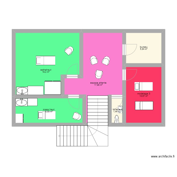 etage day spa. Plan de 6 pièces et 64 m2