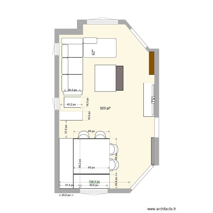 PRUN-SALON. Plan de 1 pièce et 30 m2