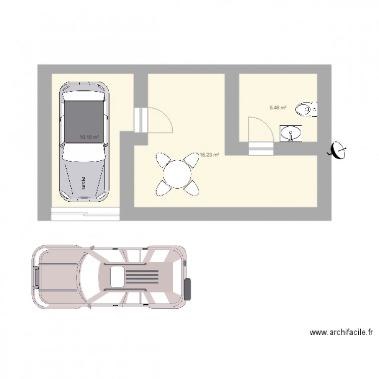 Voiture. Plan de 3 pièces et 32 m2