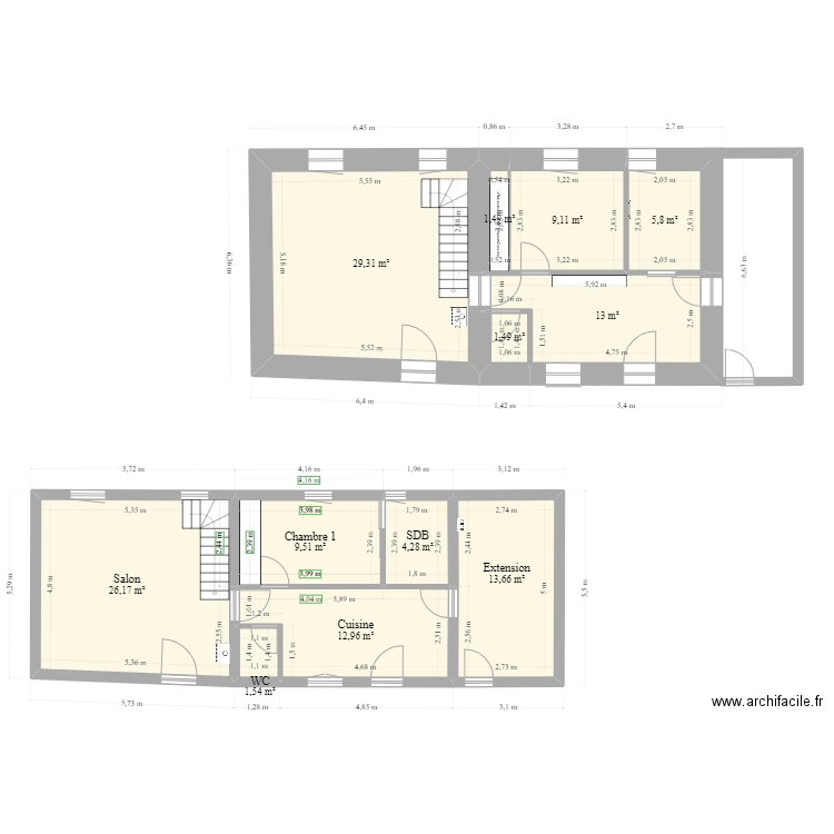 rdc. Plan de 12 pièces et 128 m2