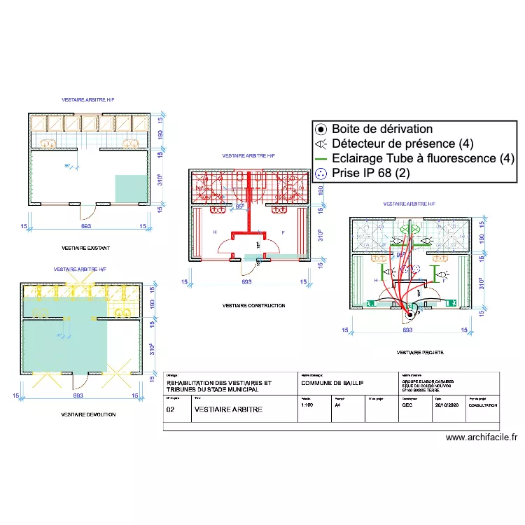 Plan &eacute;lec vestiaire arbitre stade Baillif .. Plan de 