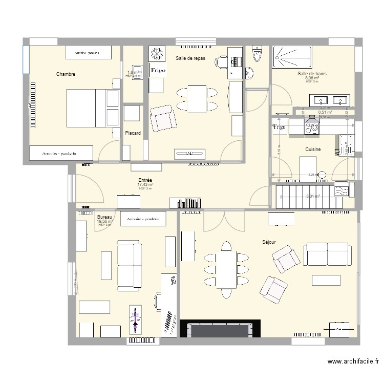 plan meublé. Plan de 11 pièces et 127 m2