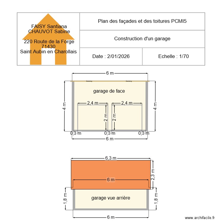 plan des façades et des toitures garage. Plan de 4 pièces et 36 m2