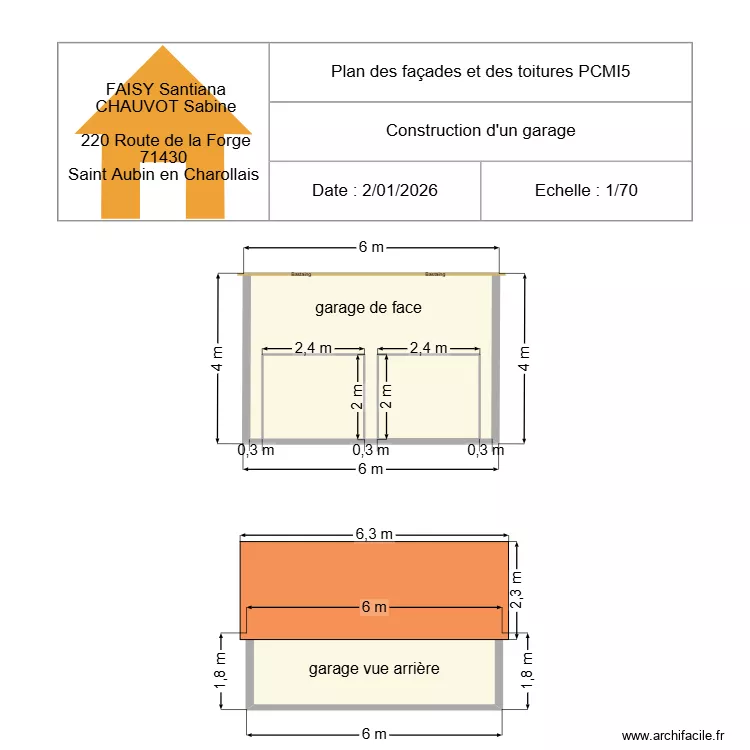 plan des fa&ccedil;ades et des toitures garage. Plan de 4 pièces et 36 m²