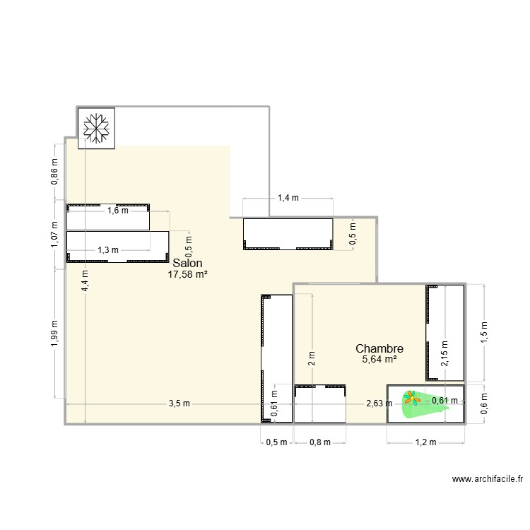 Studio Marine avec meubles. Plan de 2 pièces et 23 m2