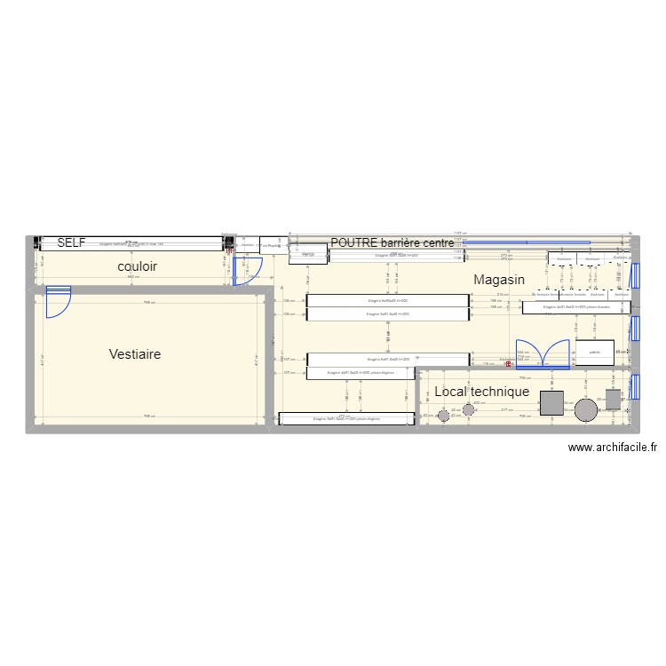 Magasin et Self. Plan de 6 pièces et 120 m2