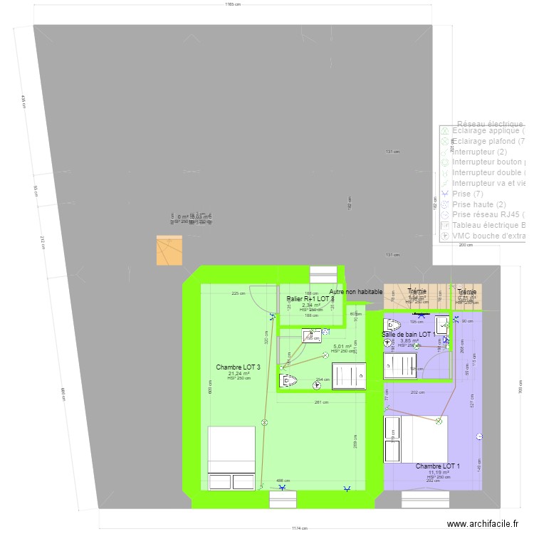 Mordelle - 2ème - Projection . Plan de 35 pièces et 247 m2