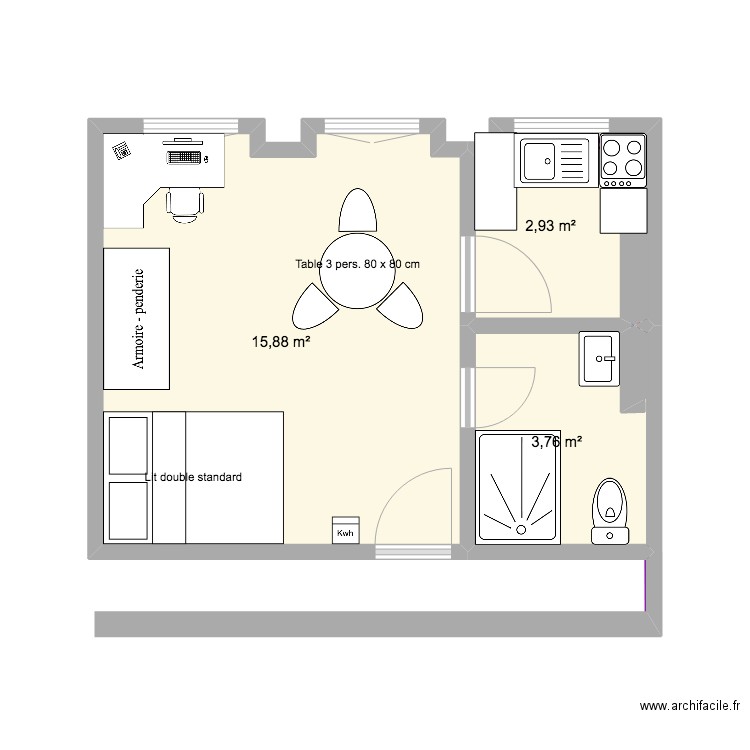 chambre 6 PlG. Plan de 3 pièces et 23 m2