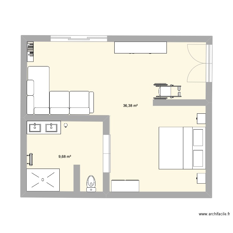 Chambre double PMR. Plan de 2 pièces et 46 m2