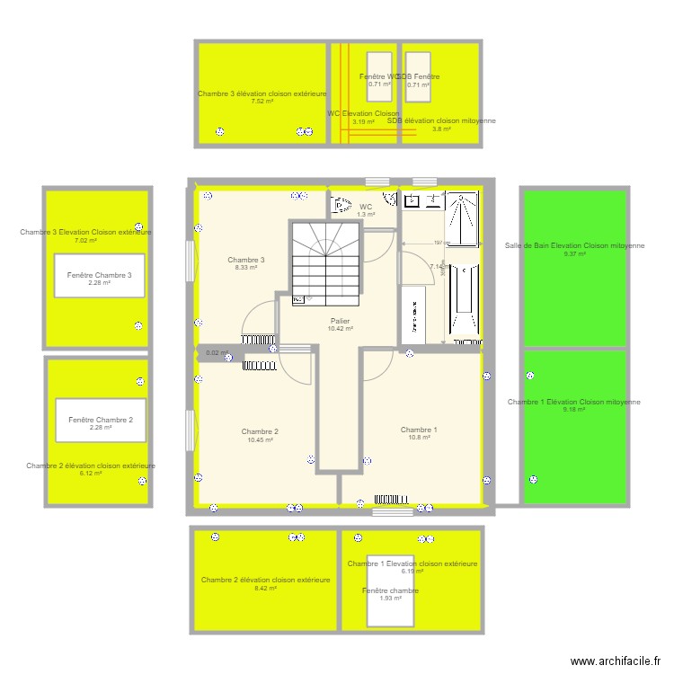 DSFA 1er etage Cloisons internes et périphériques v2. Plan de 0 pièce et 0 m2