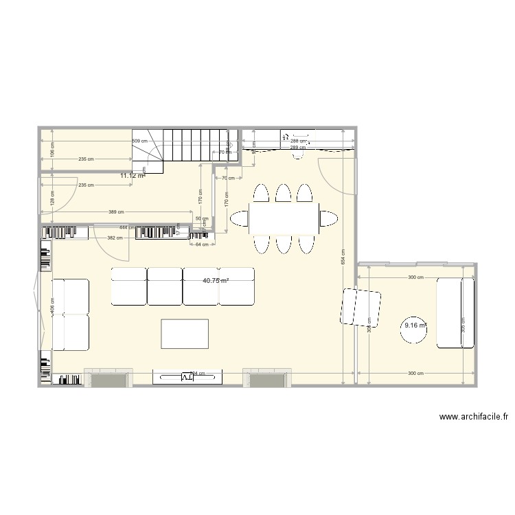 J d A salon long. Plan de 0 pièce et 0 m2