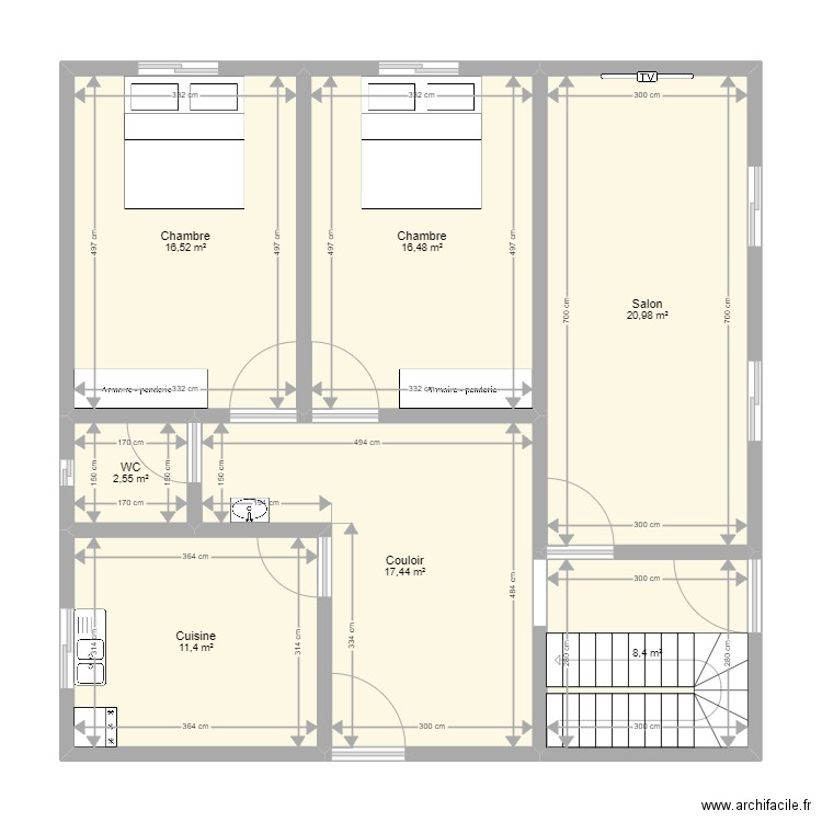 Plan M2h. Plan de 7 pièces et 94 m2