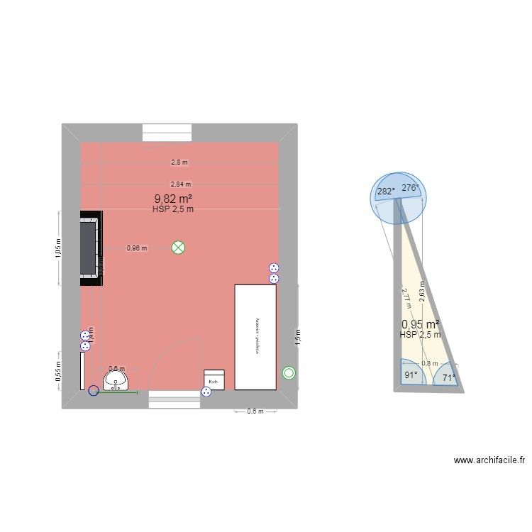 chambre matt. Plan de 2 pièces et 11 m2