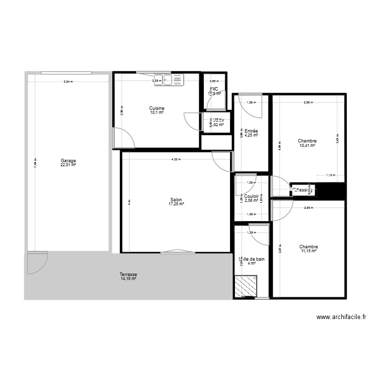 salon. Plan de 3 pièces et 75 m2