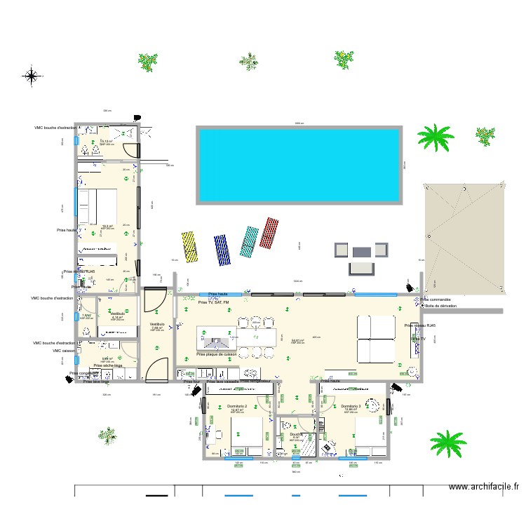 Facade SUD. Plan de 10 pièces et 128 m2