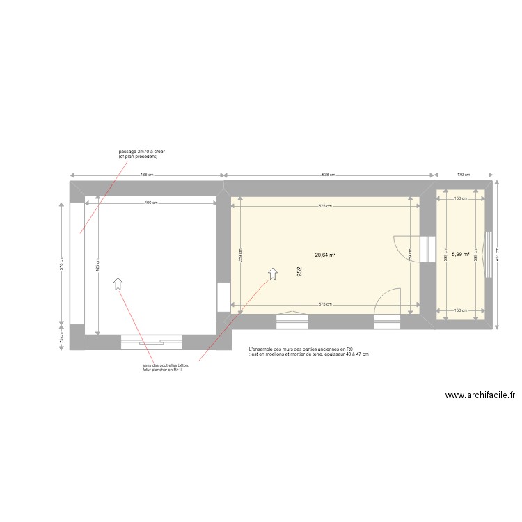 BASTIDON  RDC PROJET SALON et CHAMBRE (BET). Plan de 2 pièces et 27 m2