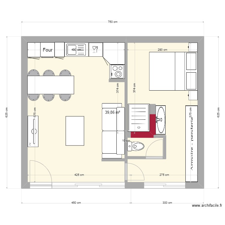 stud 1110. Plan de 1 pièce et 40 m2