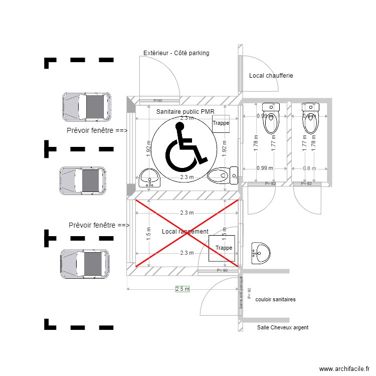 Salle polyvalente Sanitaire Ext V2. Plan de 4 pièces et 11 m2