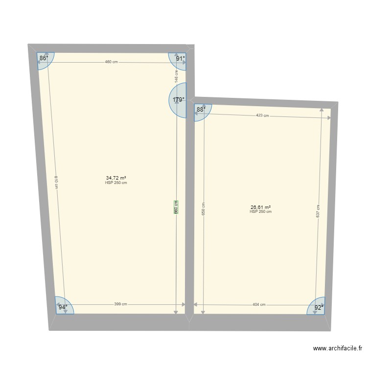 13 et 13 bis à plat. Plan de 2 pièces et 61 m2