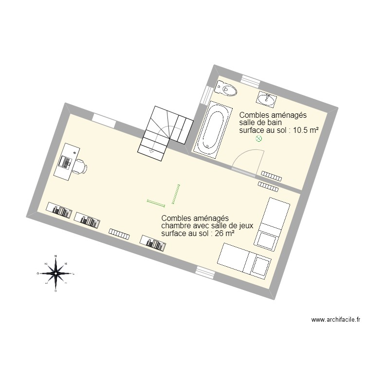 Combles aménagés Adèle B. Plan de 1 pièce et 35 m2