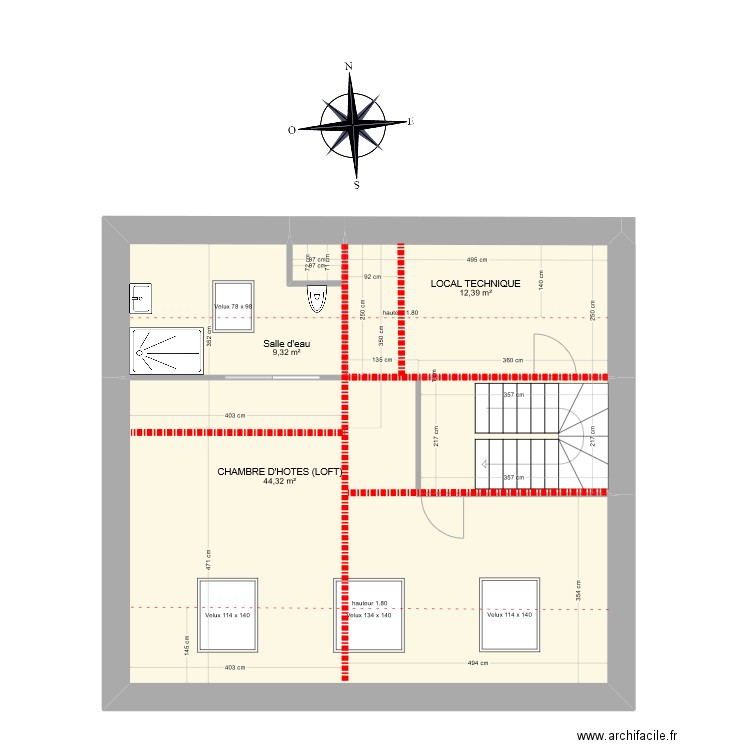 Combles - projet - 15 03 2023 - modif vélux. Plan de 5 pièces et 74 m2