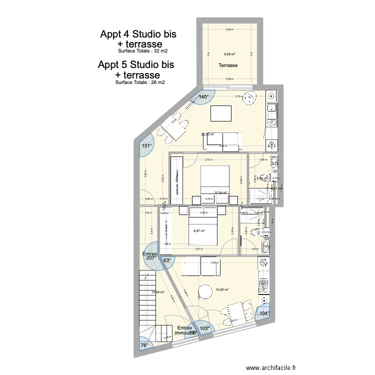 Appt 1 Studio Bis RDC. Plan de 8 pièces et 79 m2