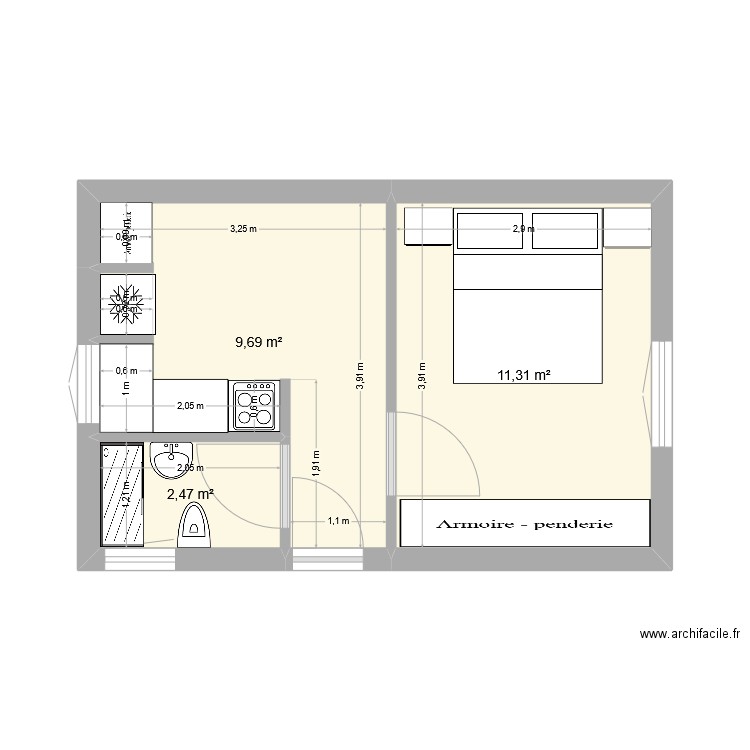 STUDIO3. Plan de 3 pièces et 23 m2